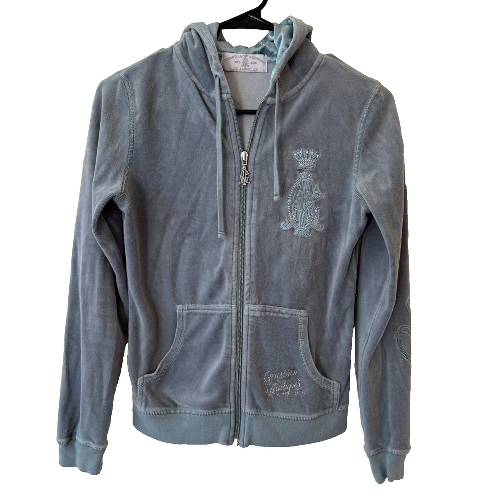 VTG Christian Audigier Light Blue Velour Rhinestone Crown Zip Up Hoodie S Y2K